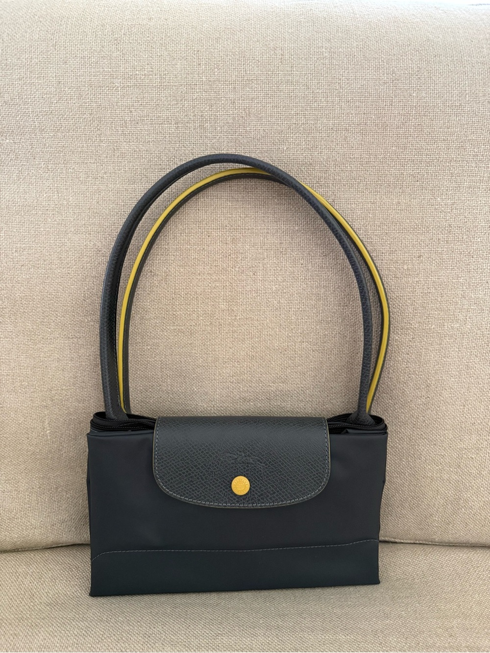 Longchamp Dark Grey Tote with Yellow Trim and Logo - Picture 9 of 10